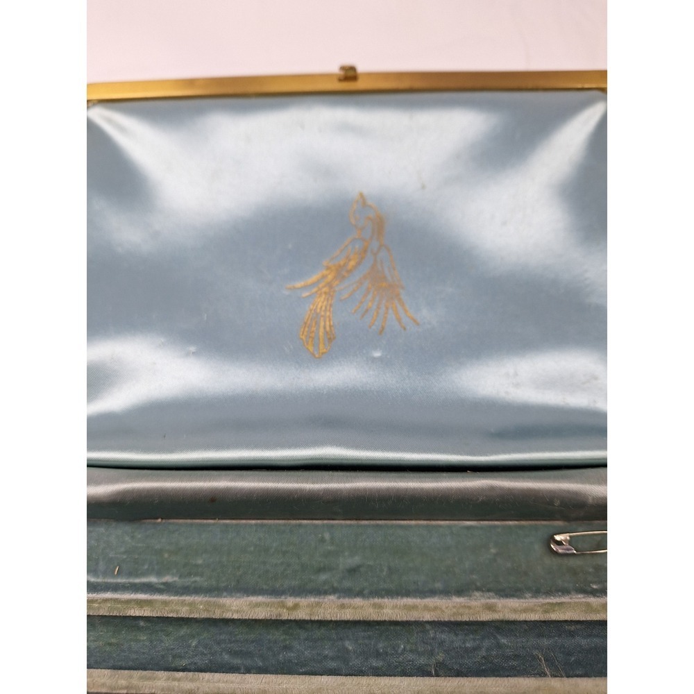 Vintage Blue Silk Brocade Jewelry Box Gold Floral Bird Pattern with Key - Picture 4 of 13